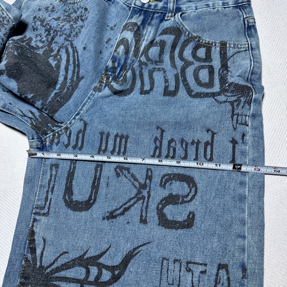 Romwe Wide Leg Jeans Womens Medium 6 Skeleton Skull Oni Demon Print Blue Denim - Picture 13 of 15